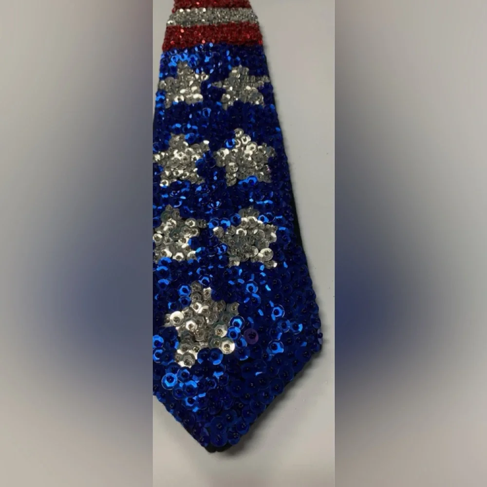 New Sequin American Flag Tie stars stripes Patriotic red silver blue